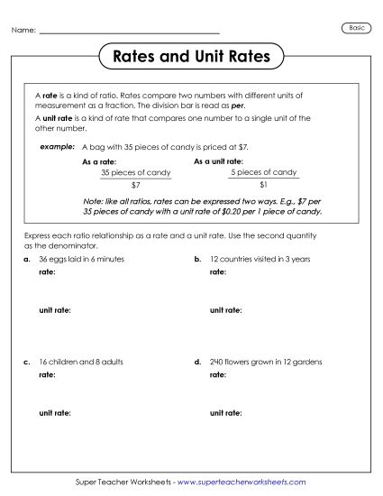 Unit Rates as Ratios - Rates and Unit Rates (Basic) (Printable PDF Worksheet)
