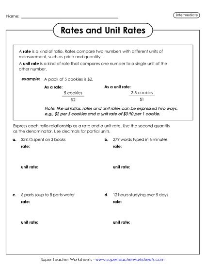 Unit Rates as Ratios - Rates and Unit Rates (Intermediate) (Printable PDF Worksheet)