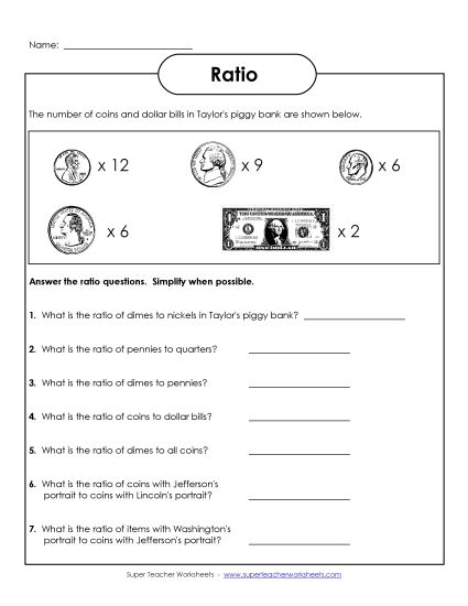 Basic Ratio Worksheets - Ratio (Coins) (Printable PDF Worksheet)