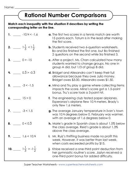 Word Problems - Rational Number Comparisons (Printable PDF Worksheet)