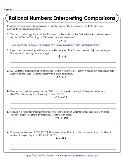 Word Problems - Rational Numbers: Interpreting Comparisons (Printable PDF Worksheet)
