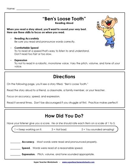 Read Aloud Practice - Read Aloud Practice: Ben's Loose Tooth (Printable PDF Worksheet)
