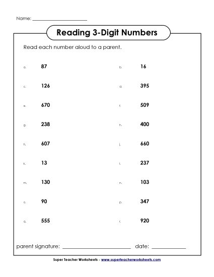 Reading 3-Digit Numbers - Read the Numbers (3-Digit) (Printable PDF Worksheet)