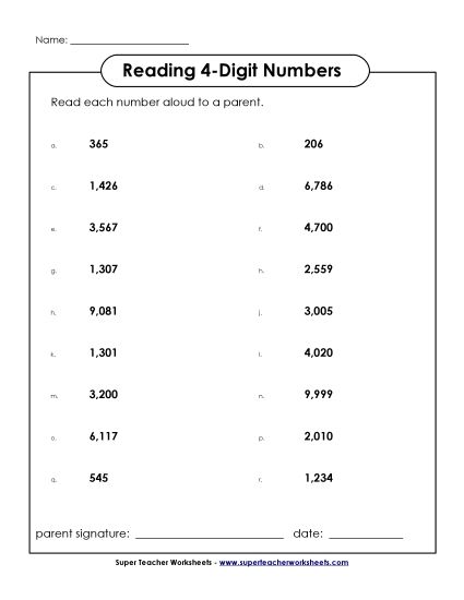 Reading 4-Digit Numbers - Read the Numbers: 4-Digit (Printable PDF Worksheet)
