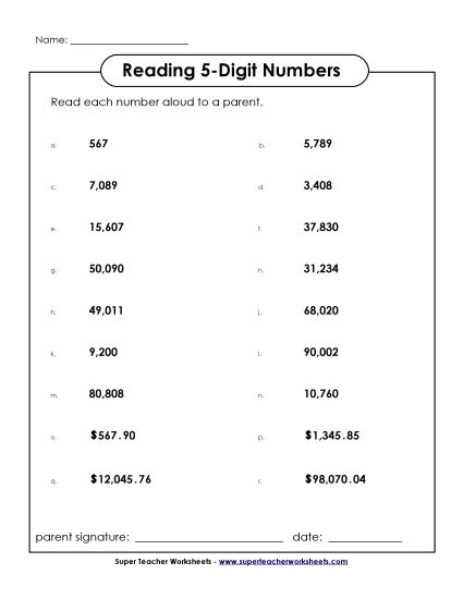 Reading 5-Digit Numbers - Read the Numbers: 5-Digit (Printable PDF Worksheet)