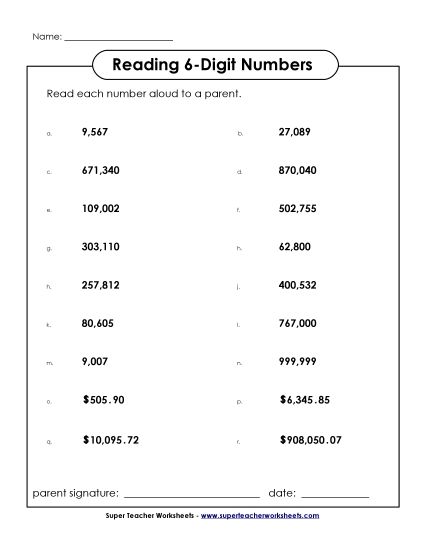 Reading 6-Digit Numbers - Read the Numbers: 6-Digit (Printable PDF Worksheet)
