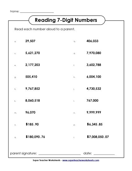 Reading 7-Digit Numbers - Read the Numbers: 7-Digit (Printable PDF Worksheet)