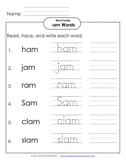 Worksheets - Read, Trace, Write (-am) (Printable PDF Worksheet)