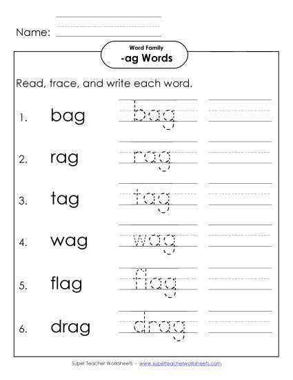 Worksheets - Read, Write, Trace (-ag) (Printable PDF Worksheet)