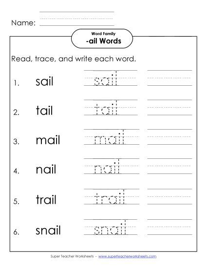 Worksheets - Read, Write, Trace (-ail) (Printable PDF Worksheet)