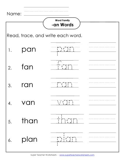 Worksheets - Read, Write, Trace (-an) (Printable PDF Worksheet)