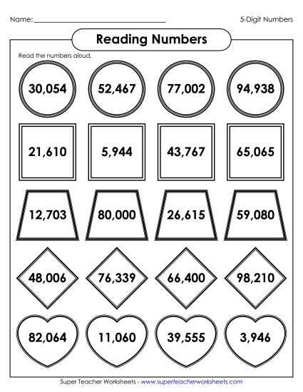 Reading 5-Digit Numbers - Reading 5-Digit Numbers (Printable PDF Worksheet)