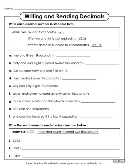 Reading Decimals (Thousandths) - Reading and Writing Decimals (Word Name: Thousandths) (Printable PDF Worksheet)