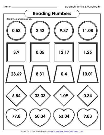Reading Decimal Numbers - Reading Decimals - Tenths & Hundredths (Printable PDF Worksheet)