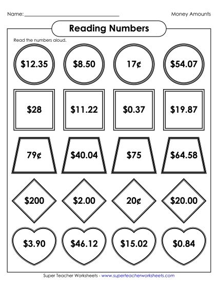 Reading Money Amounts - Reading Money Amounts (Printable PDF Worksheet)