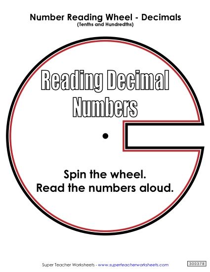 Reading Decimals - Reading Numbers Wheel: Decimals (Tenths and Hundredths) (Printable PDF Worksheet)