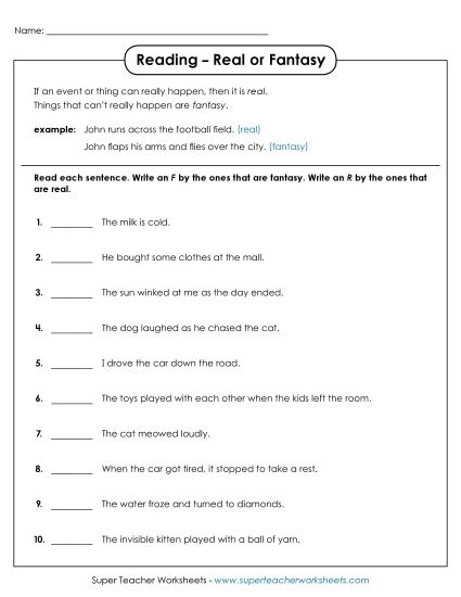 More Reading Printables - Reading: Real or Fantasy (Printable PDF Worksheet)