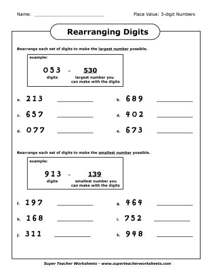 Place Value - Rearranging Digits (3 Digit) (Printable PDF Worksheet)