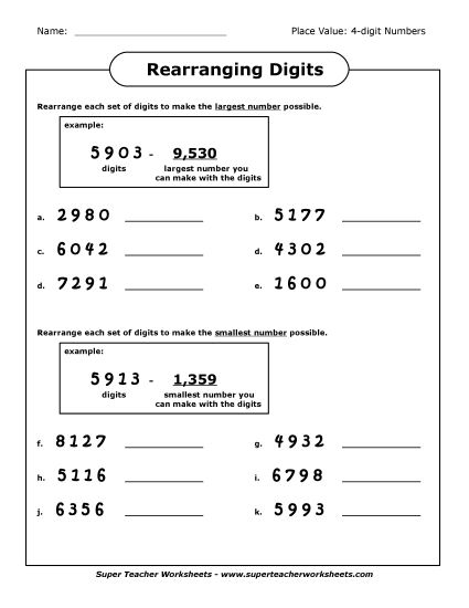 Place Value - Rearranging Digits (4-Digit) (Printable PDF Worksheet)
