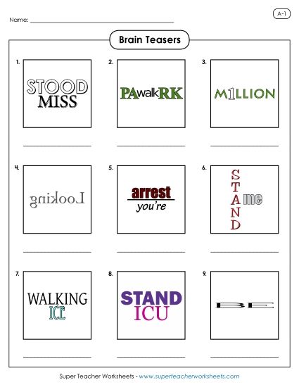 Rebus Puzzles Level A (Easiest) - Rebus Puzzles A-1 (Printable PDF Worksheet)