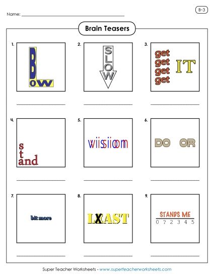 Rebus Puzzles Level B (Harder) - Rebus Puzzles B-3 (Printable PDF Worksheet)