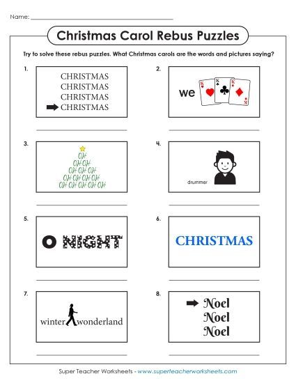 Christmas Word Puzzles - Rebus Puzzles (Christmas Carols) (Printable PDF Worksheet)