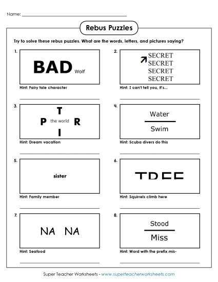 Rebus Puzzles - Rebus Puzzles Riddle (Easy) (Printable PDF Worksheet)