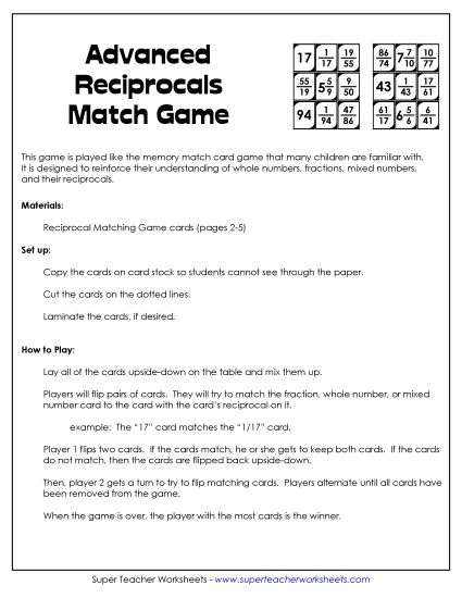 Reciprocals Matching Game (Advanced) (Printable PDF Worksheet)