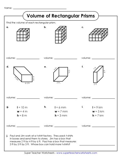 Volume of Rectangular Prisms (Basic: Whole Numbers) - Rectangular Prism Volume (Printable PDF Worksheet)