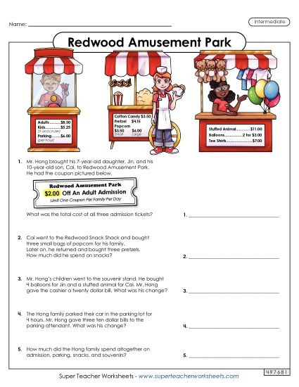 Intermediate (Grades 3 - 4) - Redwood Amusement Park (Printable PDF Worksheet)