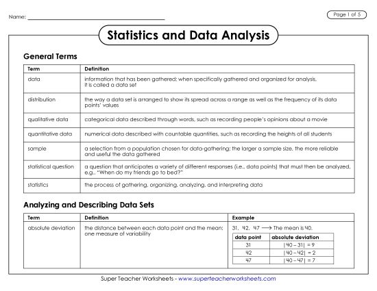 Vocabulary - Reference Sheet: Statistics and Data Analysis Terms (Printable PDF Worksheet)