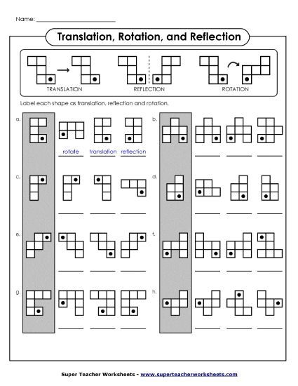 Translation, Rotation, Reflections (Mixed) - Reflections, Rotations, Translations (Printable PDF Worksheet)