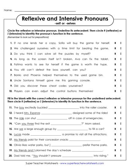 Reflexive & Intensive Pronouns - Reflexive and Intensive Pronouns (Printable PDF Worksheet)