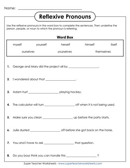 Reflexive & Intensive Pronouns - Reflexive Pronouns (Basic) (Printable PDF Worksheet)