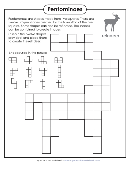 Christmas Math Puzzles & Games - Reindeer Pentominoes Puzzle (Printable PDF Worksheet)