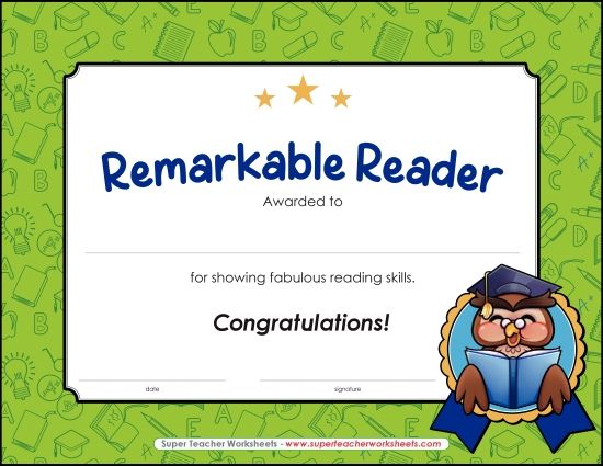 Reading & Writing Awards - Remarkable Reading Certificate (Printable PDF Worksheet)