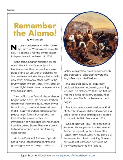 Reading Comprehension - Remember the Alamo (Full Article) (Printable PDF Worksheet)