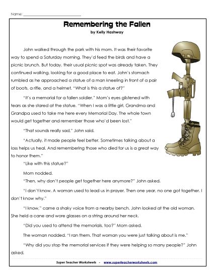 Reading Comprehension - Remembering the Fallen (Fiction Story) (Printable PDF Worksheet)