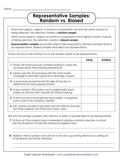 Samples & Populations - Representative Samples: Random vs. Biased (Printable PDF Worksheet)