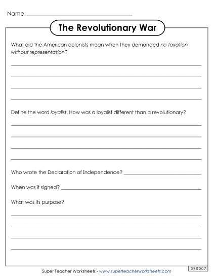 Worksheets and Activities - Revolutionary War Questions (Printable PDF Worksheet)