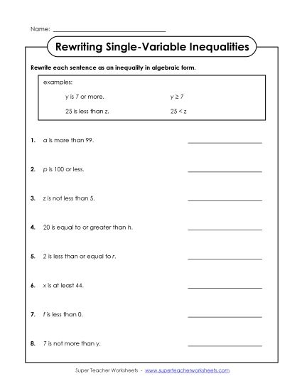 Basic Level: Positive Whole Numbers Only - Rewrite Inequalities (Single-Variable; Basic) (Printable PDF Worksheet)
