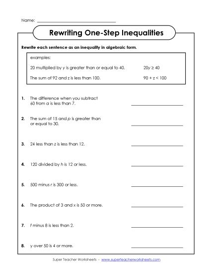Basic Level (Whole Numbers Only) - Rewriting Inequalities (Single-Step; Basic) (Printable PDF Worksheet)