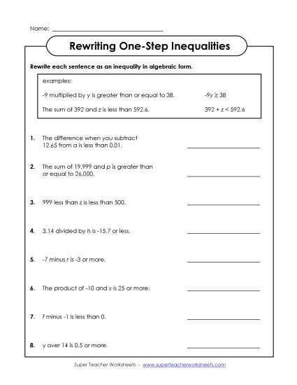 Intermediate Level (Includes Neg. Numbers & Decimals) - Rewriting Inequalities (Single-Step; Intermediate) (Printable PDF Worksheet)