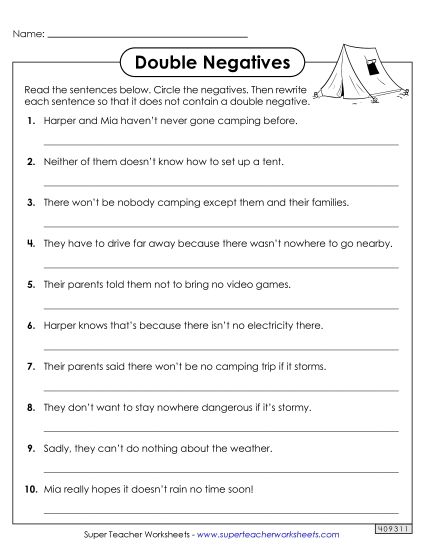 Worksheets - Rewriting Sentences with Double Negatives Worksheet 1 (Printable PDF Worksheet)