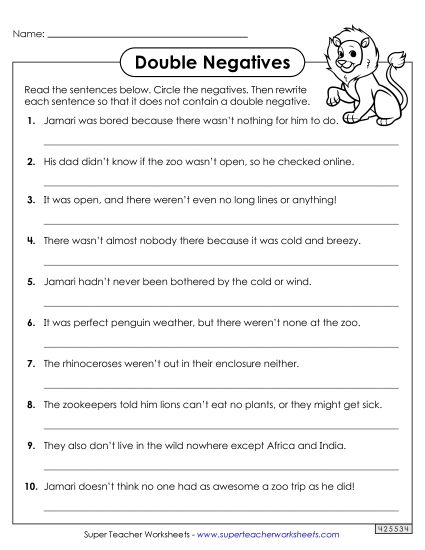 Worksheets - Rewriting Sentences with Double Negatives Worksheet 2 (Printable PDF Worksheet)