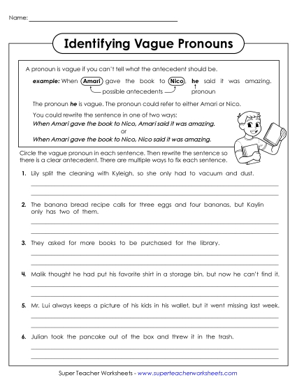 Vague Pronouns - Rewriting Sentences with Vague Pronouns (Printable PDF Worksheet)