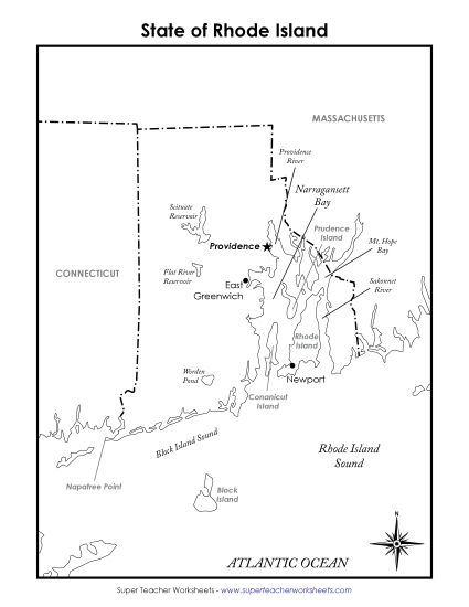 Maps - Rhode Island State Map (Labeled) (Printable PDF Worksheet)