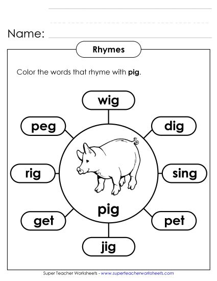 Rhyming Webs (Basic) - Rhymes with Pig (Printable PDF Worksheet)