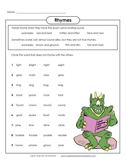 Rhyming Words (Intermediate) - Rhyming Monster Activity (Printable PDF Worksheet)