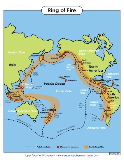 Volcanoes - Ring of Fire Map (Printable PDF Worksheet)